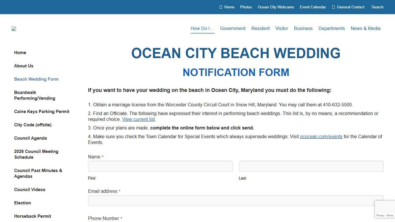 Ocean City Beach Wedding Form – Town of Ocean City, MD – Official Government and Visitor Information